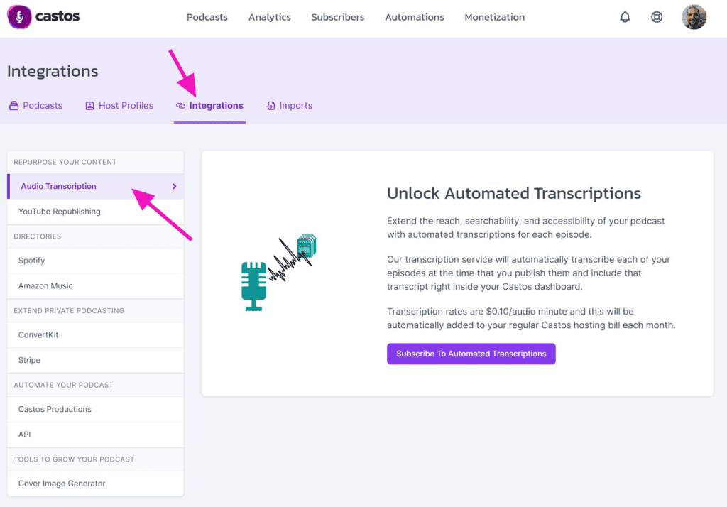 Audio transcriptions tab in Castos