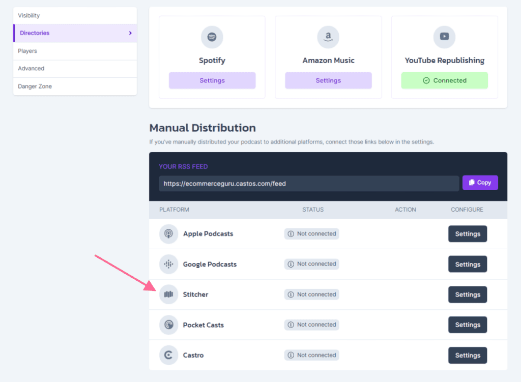 Add a Stitcher link to your Castos customizable website