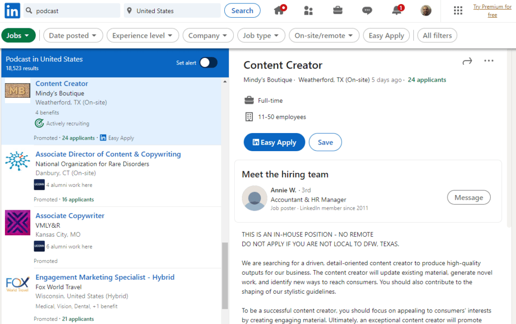 LinkedIn podcast jobs