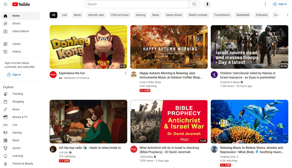 YouTube homepage